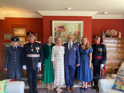 Left to right - Cadet Flight Sergeant Zuzanna Kulpa, Lord-Lieutenant Michael More-Molyneux, Tamsin Roberts, Rosie Roberts, Richard Roberts, Claudia Roberts, Vice Lord-Lieutenant Robert Fraser.
