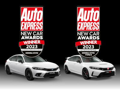 A Honda Civic and a Civic Type R, both white, with their respective awards