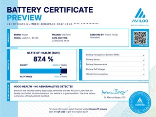View the battery health certificate preview for Nissan LEAF 110kW N-Connecta 40kWh 5dr Auto