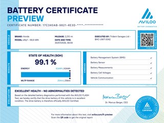 View the battery health certificate preview for Honda e-Ny1 150kW Elegance 69kWh 5dr Auto